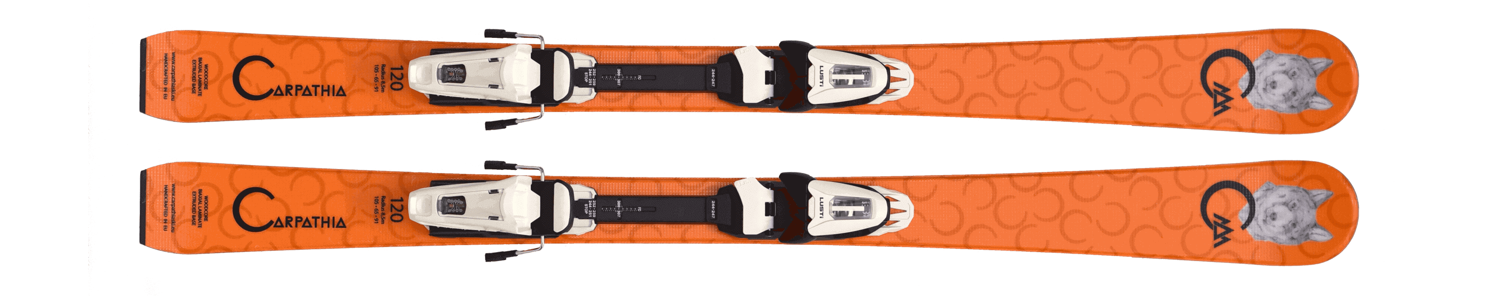Oranžové lyže Carpathia Junior Lupus s vázáním