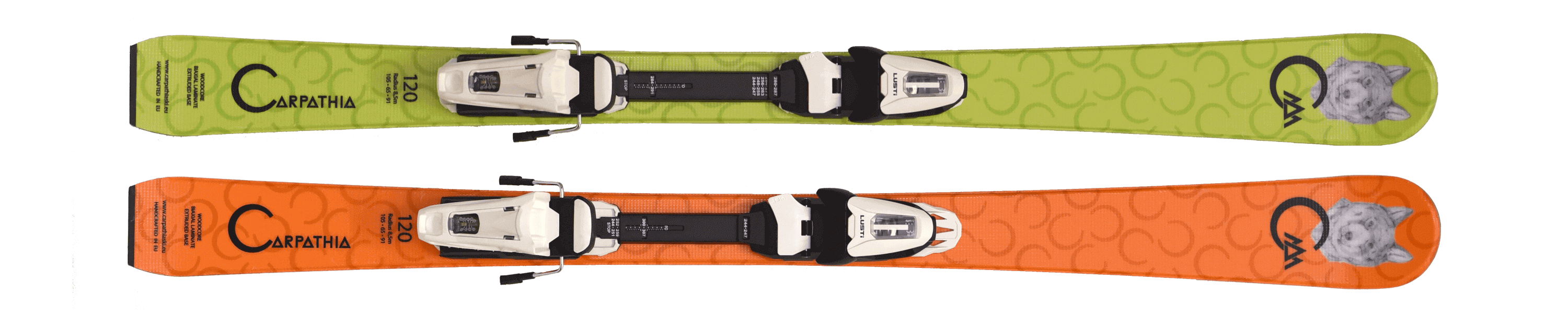 Oranžové a zelené lyže Carpathia Junior Lupus s vázáním